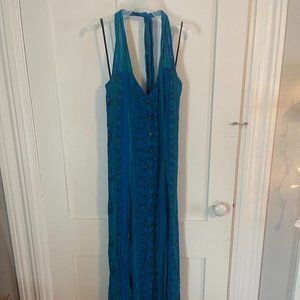 Blue Maxi Beach Summer Dress Open Back Halter Top